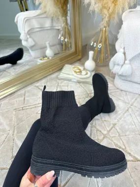 ARIA Ribbed Knit Ankle Sock Boot - Black
