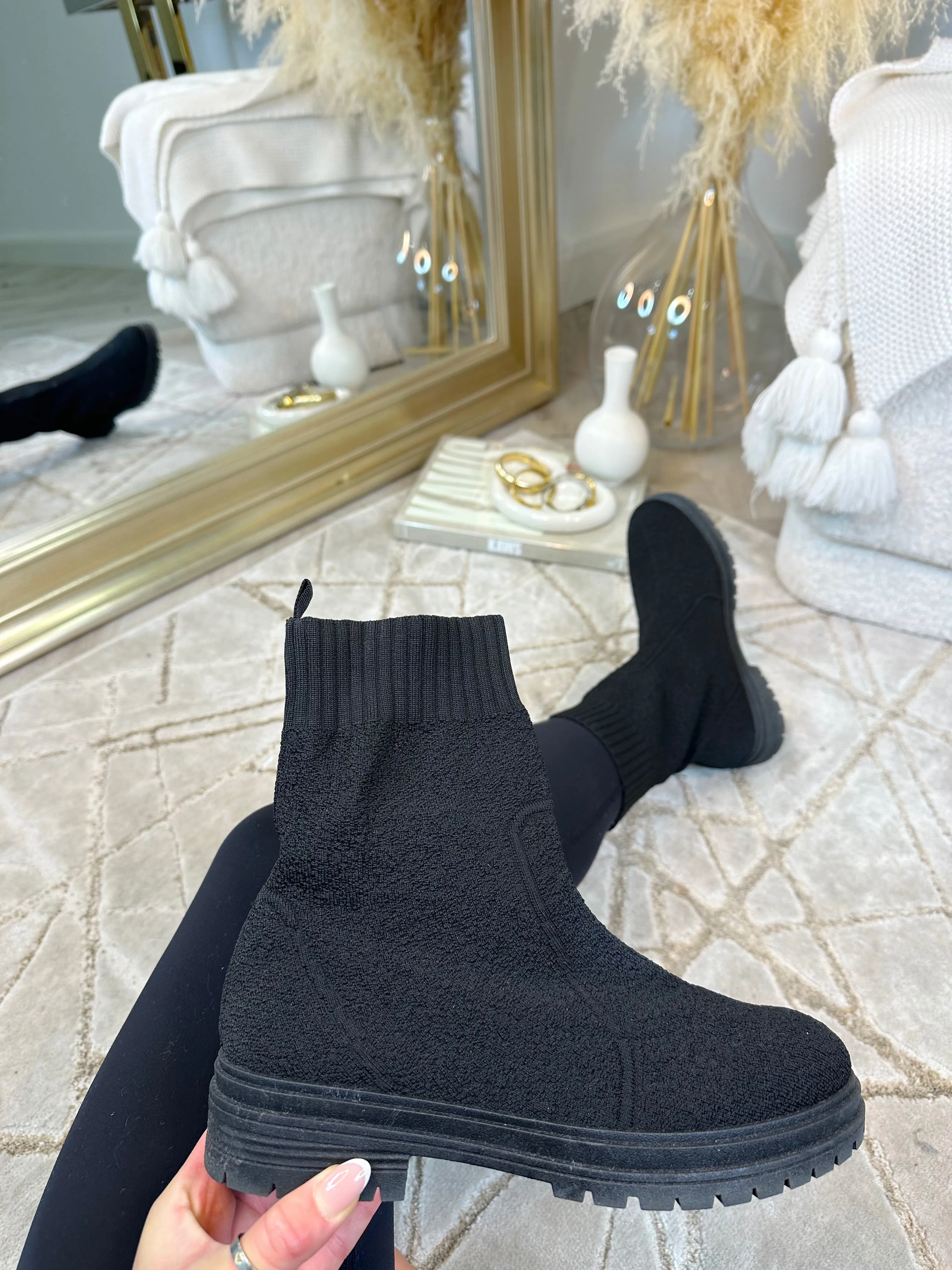 ARIA Ribbed Knit Ankle Sock Boot - Black