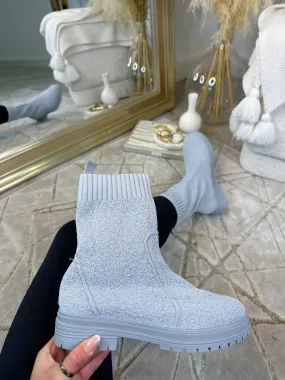 ARIA Ribbed Knit Ankle Sock Boot - Grey