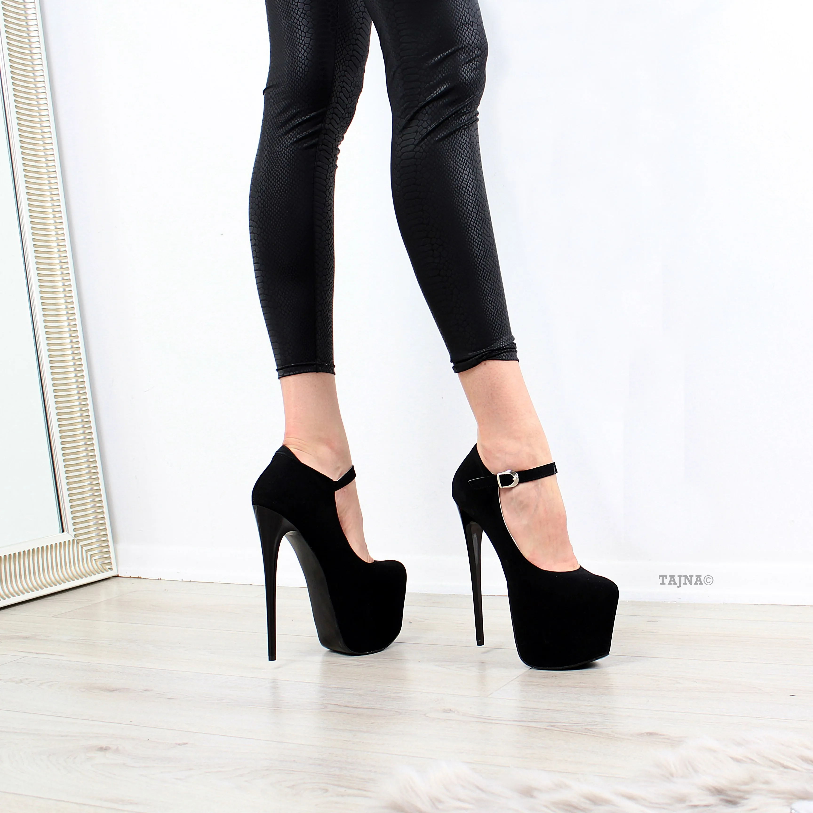 Black Suede Strap Pencil Heels