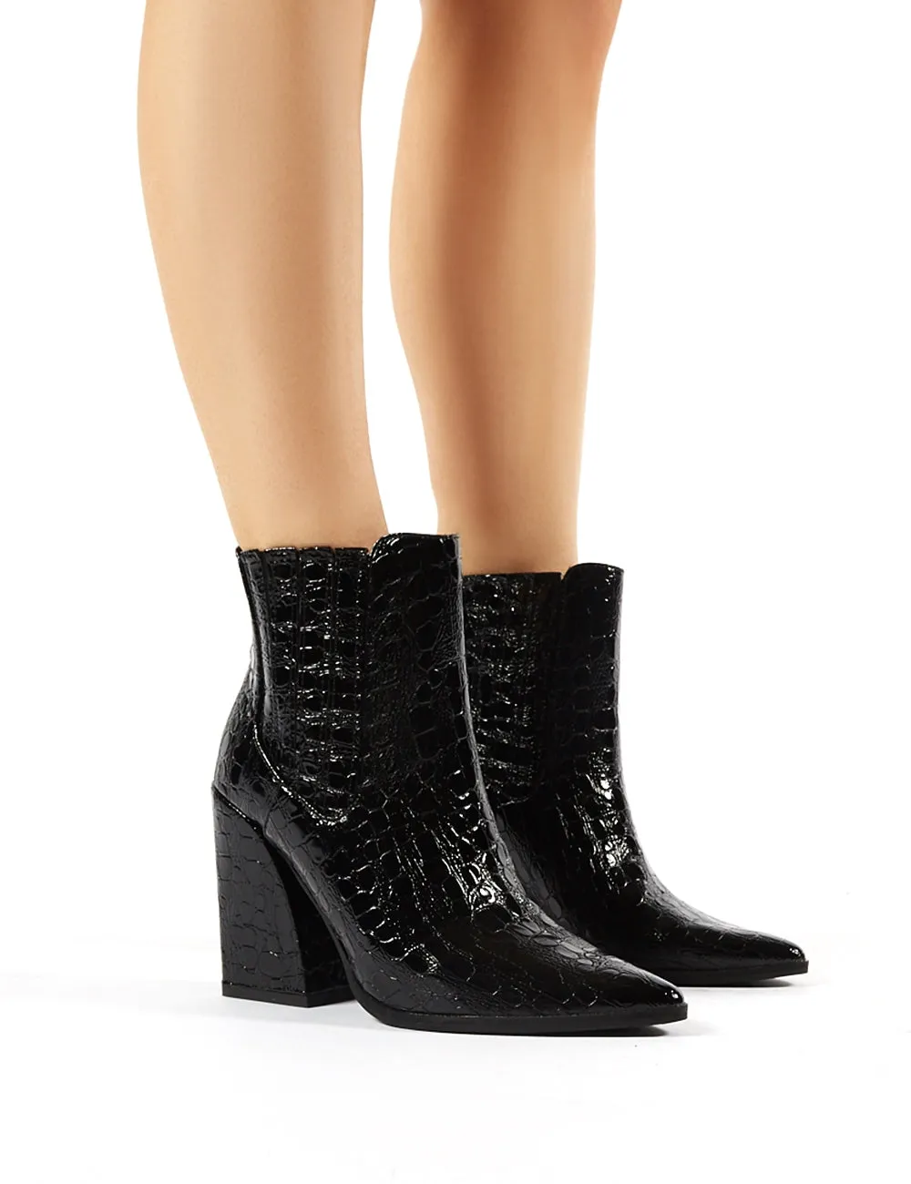 Brianna Black Patent Croc Block Heeled Pointed Ankle Boots