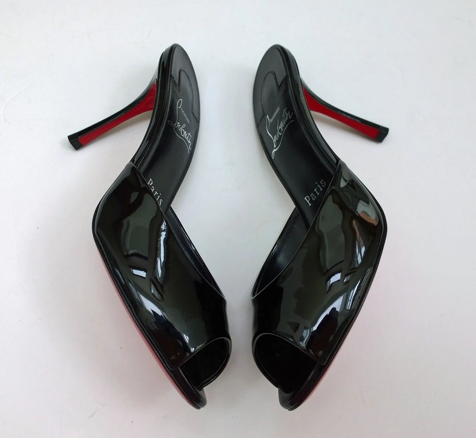 Christian Louboutin Me Dolly 85 Black Patent Peep Toe Heels Sandals Slides
