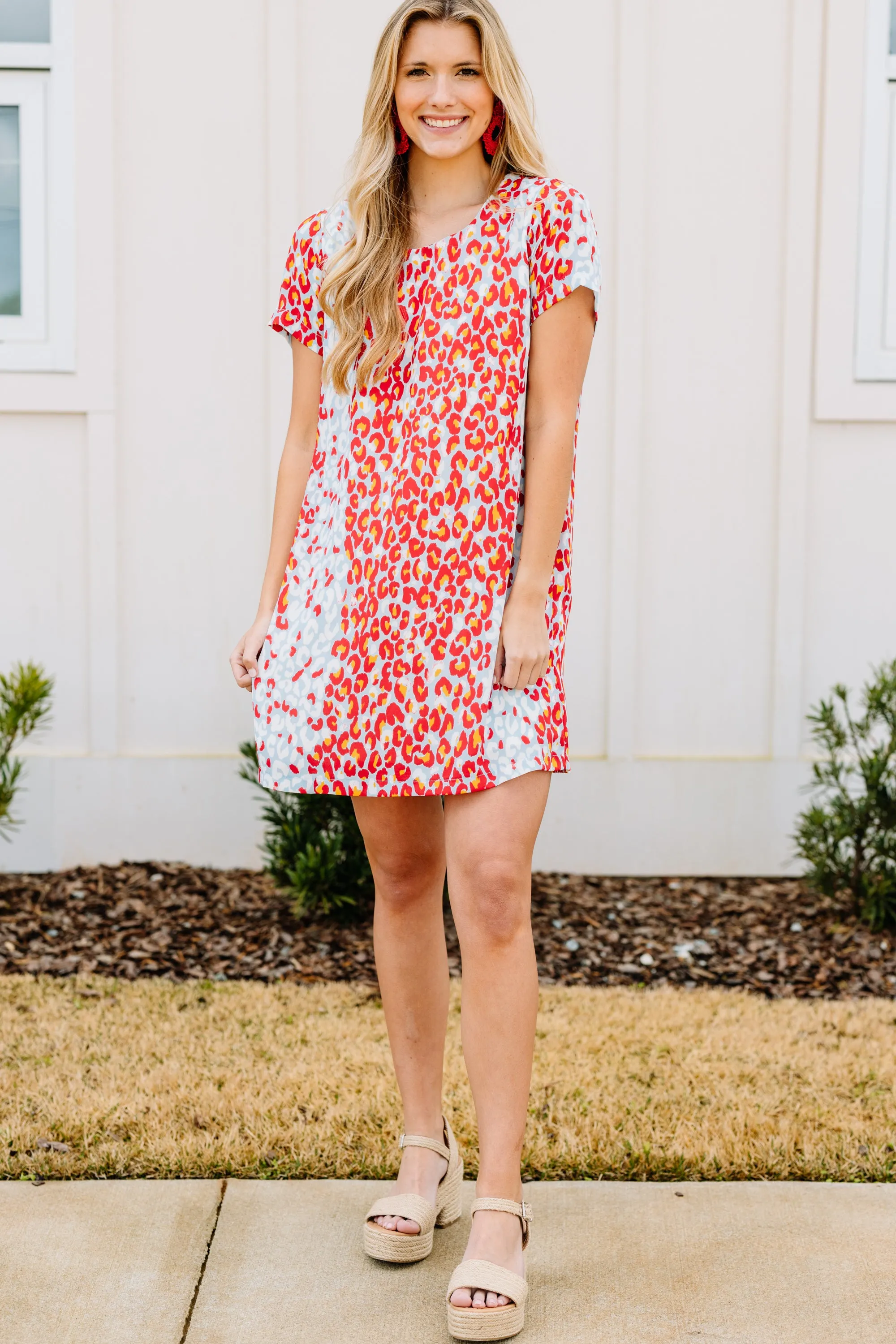 Clearly Bold Coral Pink Leopard Shift Dress