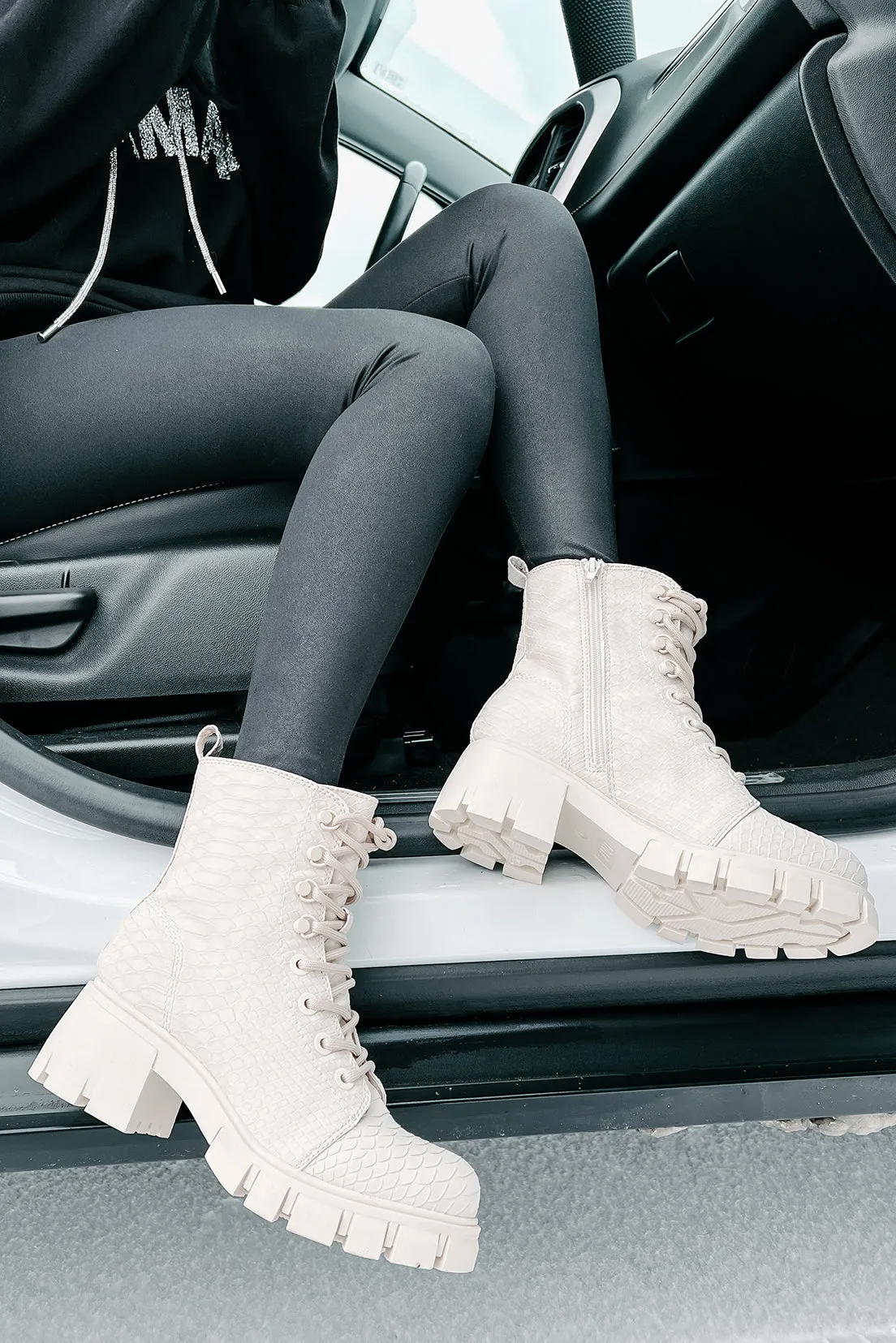 Cold Blooded Textured Snake Pattern Combat Booties (Ivory)