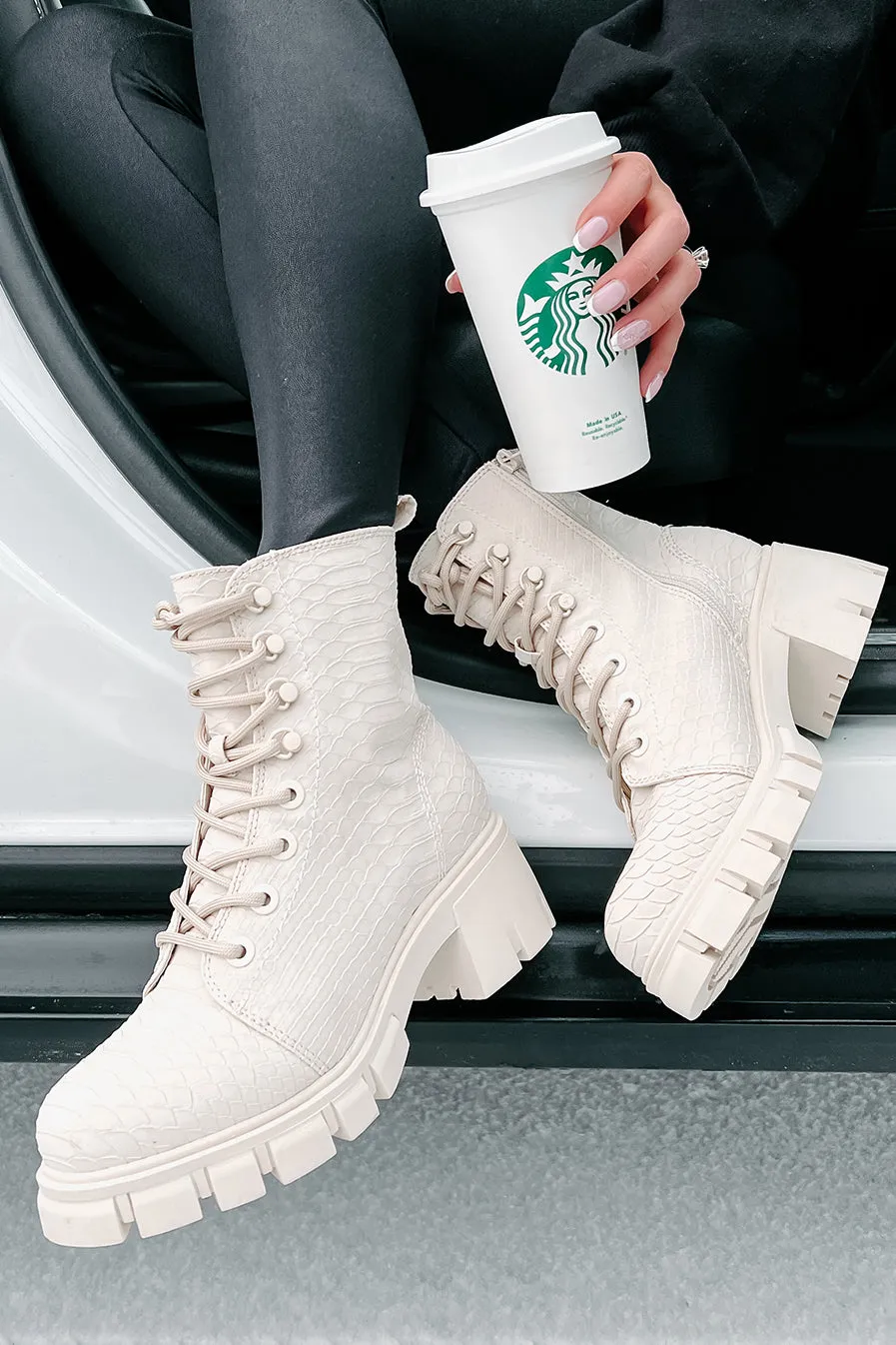 Cold Blooded Textured Snake Pattern Combat Booties (Ivory)