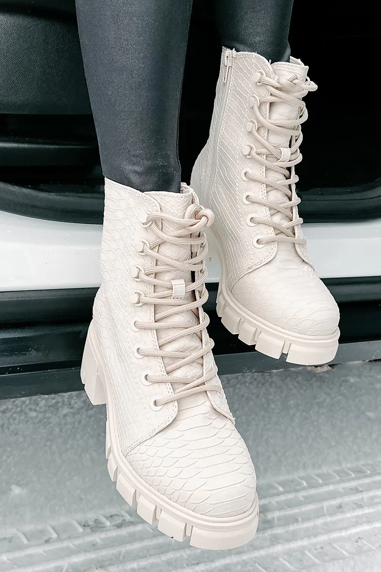 Cold Blooded Textured Snake Pattern Combat Booties (Ivory)