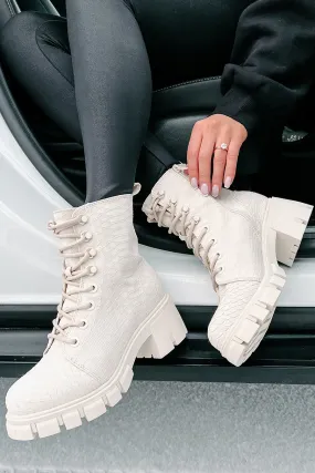 Cold Blooded Textured Snake Pattern Combat Booties (Ivory)