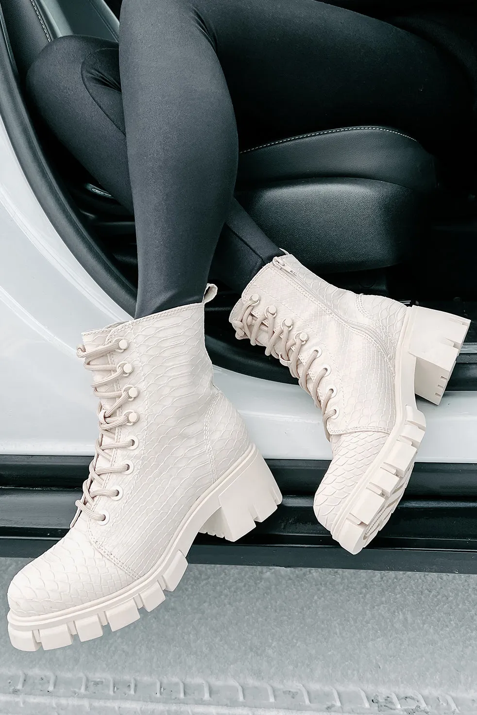Cold Blooded Textured Snake Pattern Combat Booties (Ivory)