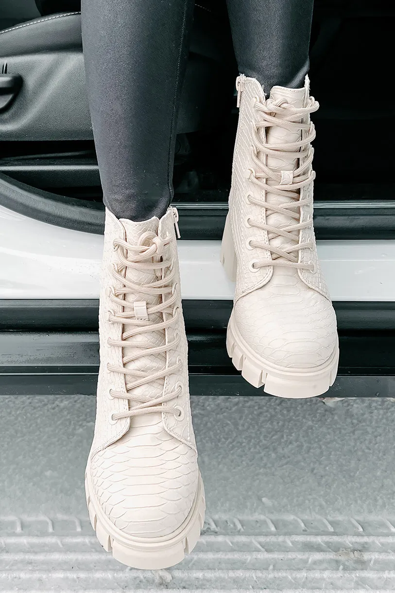 Cold Blooded Textured Snake Pattern Combat Booties (Ivory)