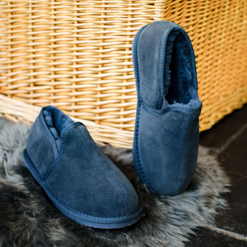 Deluxe Mens 'Sam' Sheepskin Slippers with Hard Sole - Navy