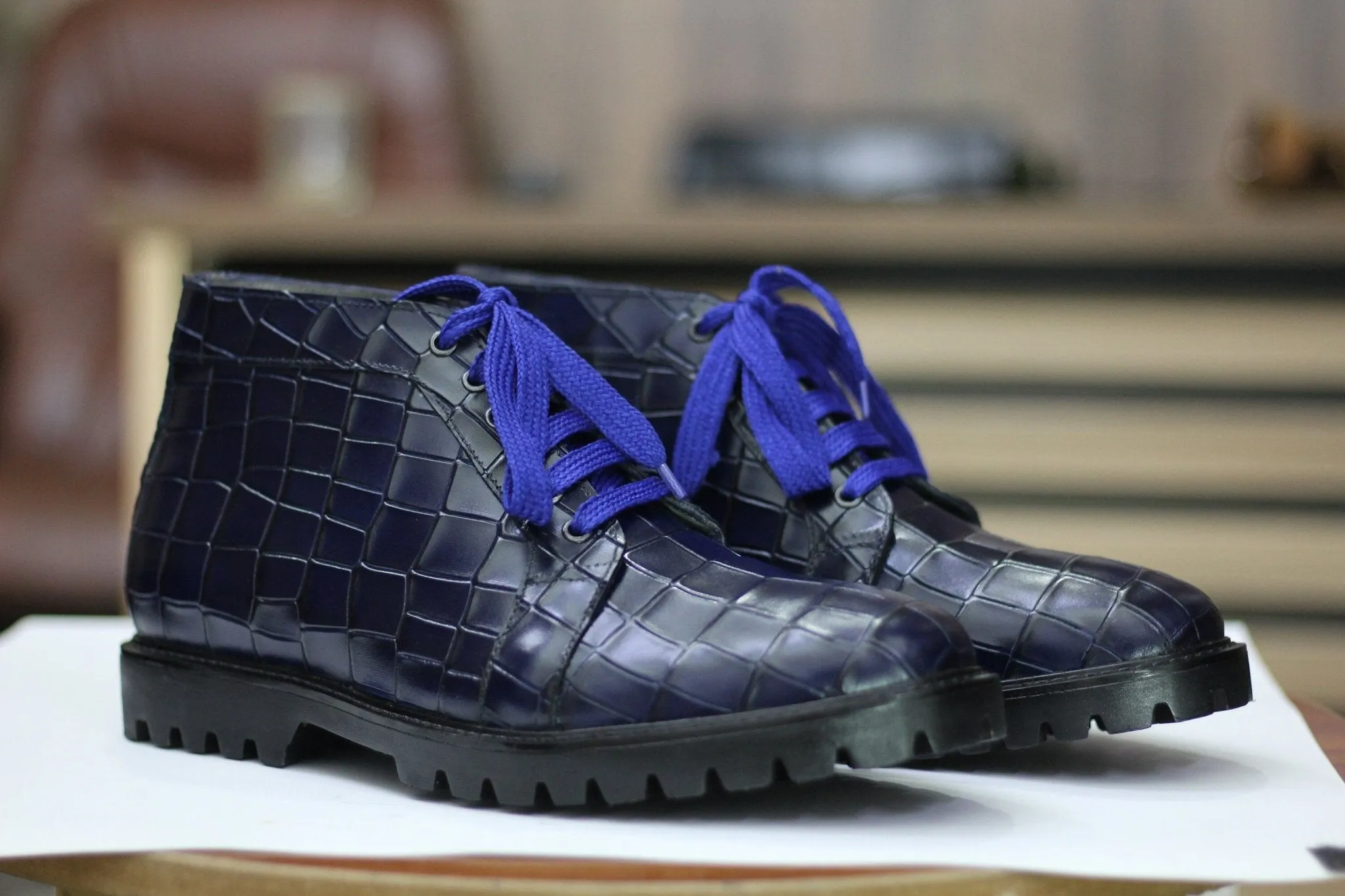 Handmade Alligator Textured Chukka Boots, Leather Blue Boots For Men's
