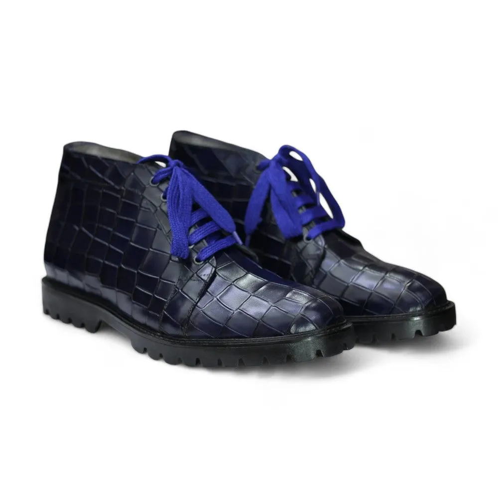 Handmade Alligator Textured Chukka Boots, Leather Blue Boots For Men's
