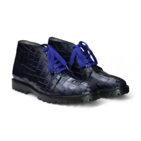 Handmade Alligator Textured Chukka Boots, Leather Blue Boots For Men's