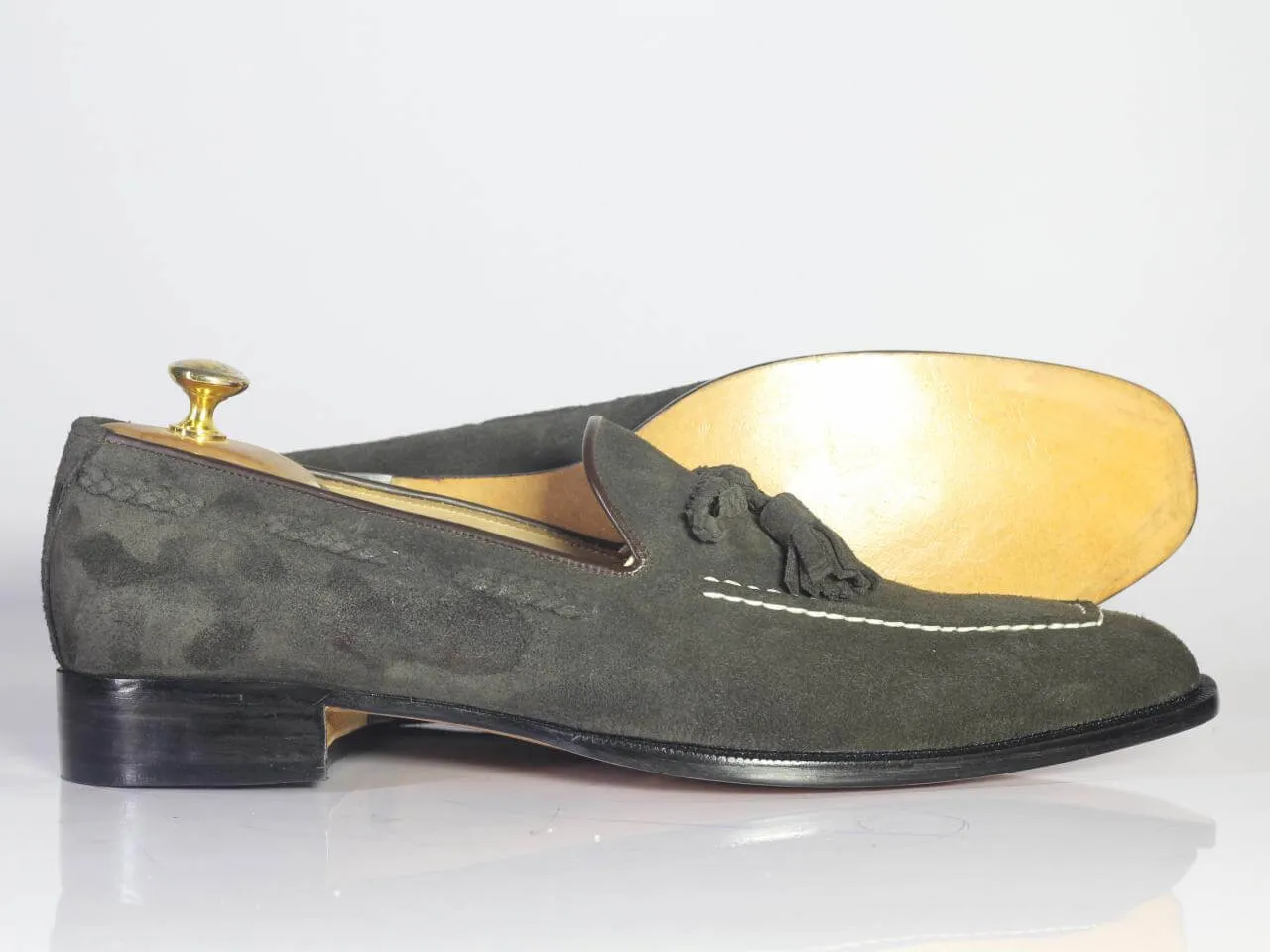 Handmade Men's Suede Tussles Loafer, Men Gray Tassel Moccasin Dress Shoes
