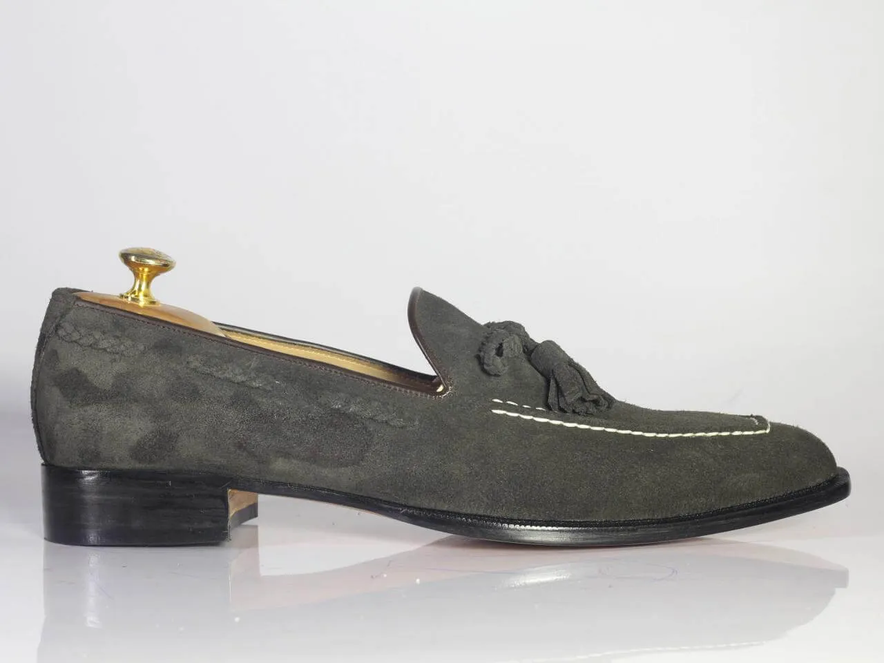 Handmade Men's Suede Tussles Loafer, Men Gray Tassel Moccasin Dress Shoes
