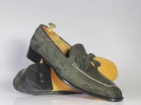 Handmade Men's Suede Tussles Loafer, Men Gray Tassel Moccasin Dress Shoes