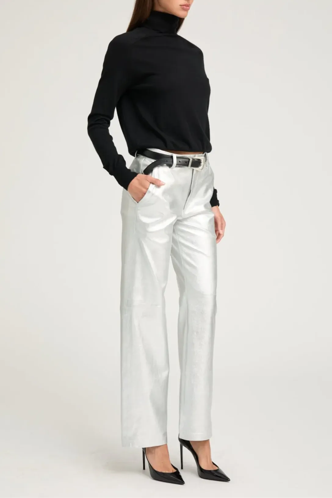 Metallic Leather Classic Trousers | Silver