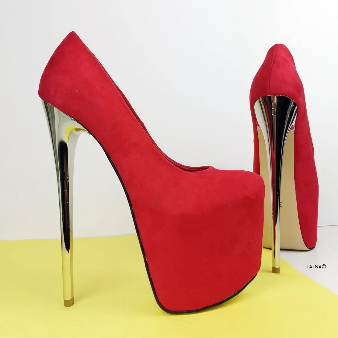 Red Suede Metallic Heel Pumps