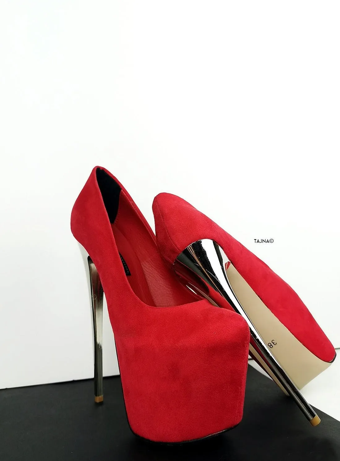 Red Suede Metallic Heel Pumps