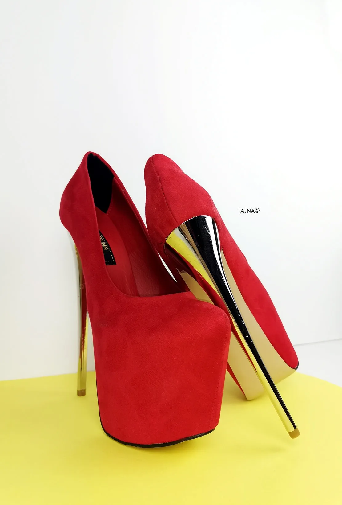 Red Suede Metallic Heel Pumps