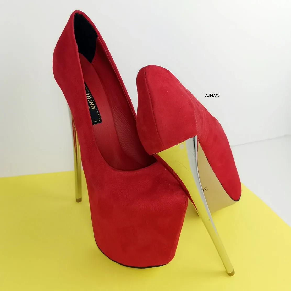 Red Suede Metallic Heel Pumps