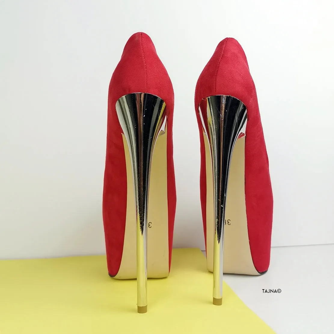 Red Suede Metallic Heel Pumps