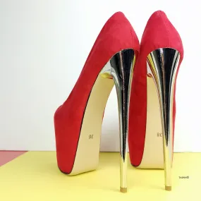 Red Suede Metallic Heel Pumps