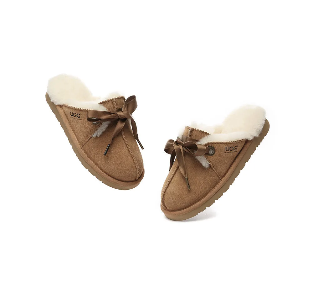 Sheepskin Wool Adjustable Ribbon Slippers Ruby