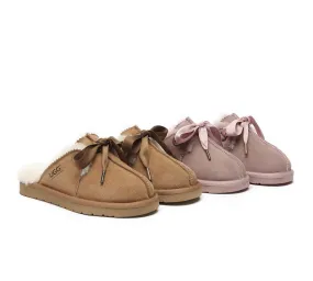 Sheepskin Wool Adjustable Ribbon Slippers Ruby