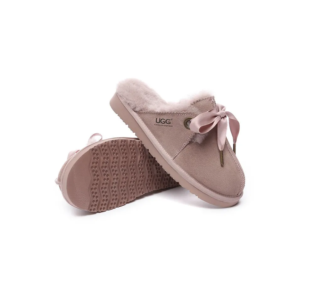 Sheepskin Wool Adjustable Ribbon Slippers Ruby