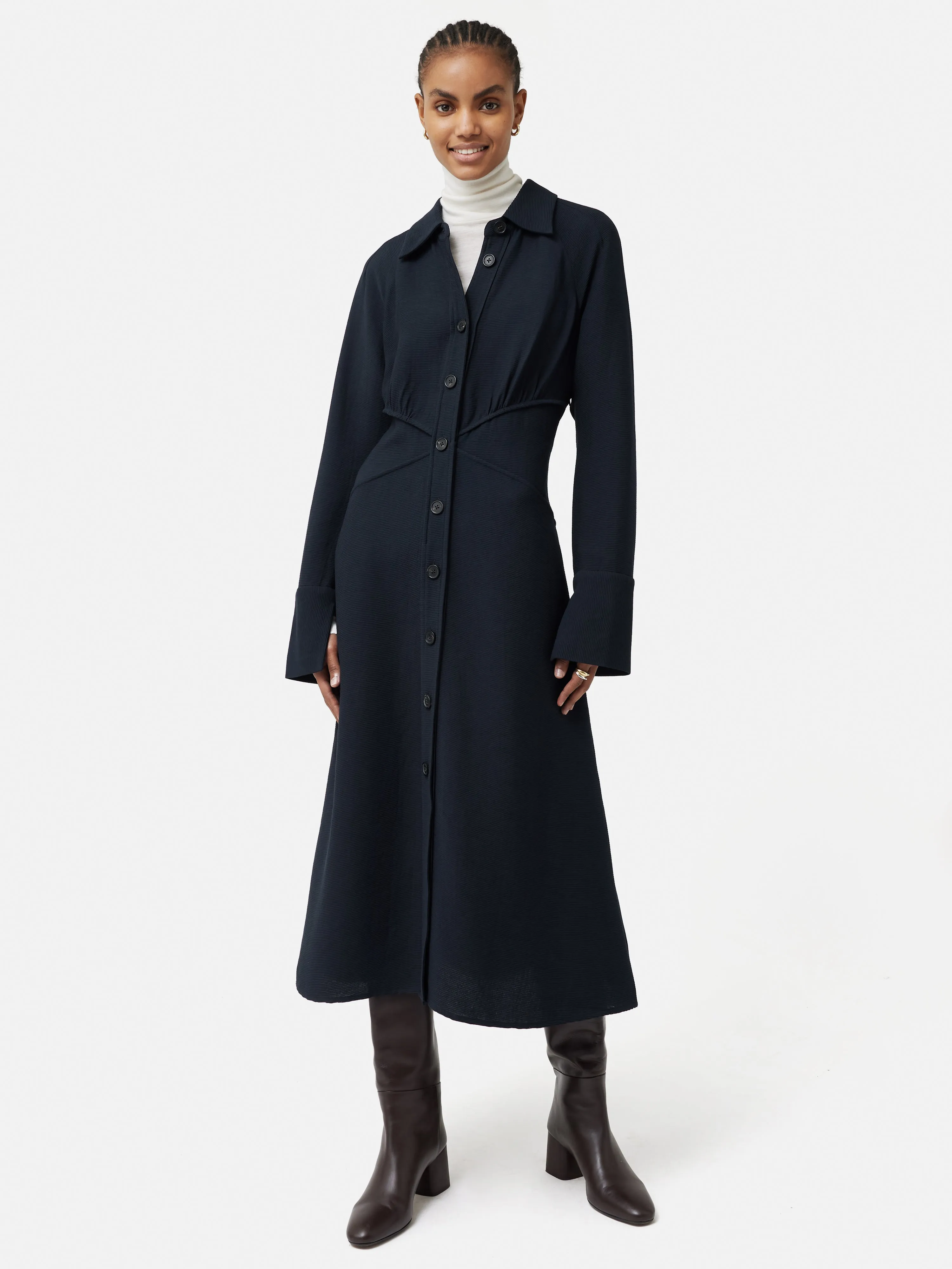 Textured Midi Shirt Dress | Navy