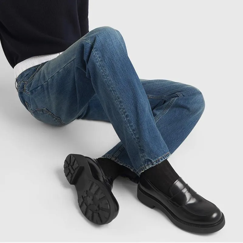 Thick Sole Penny Black Loafers Leather
